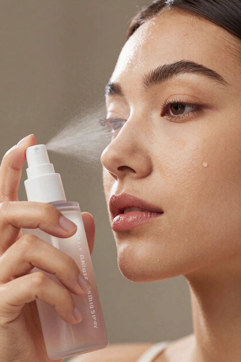A close-up of a hand spritzing setting spray onto a made-up face.