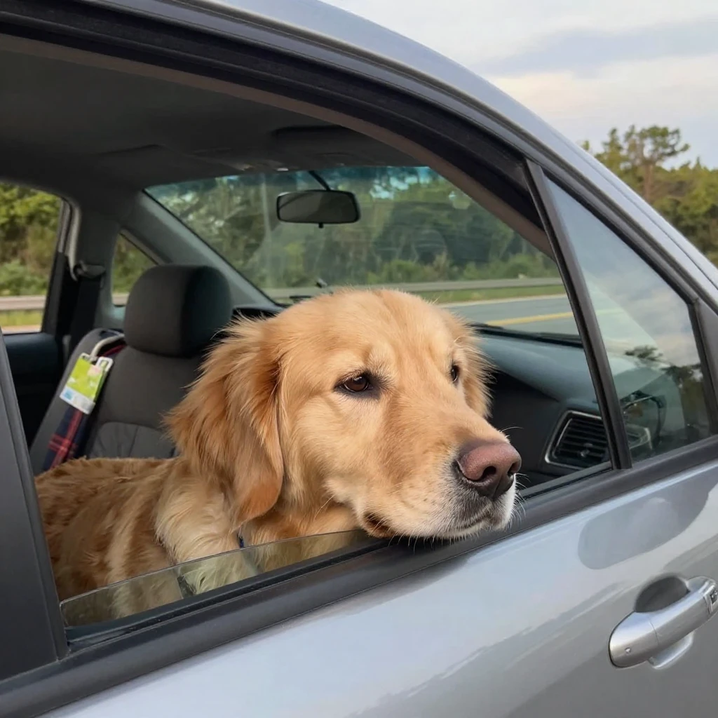 A dog resting its chin on a car window during a road trip.