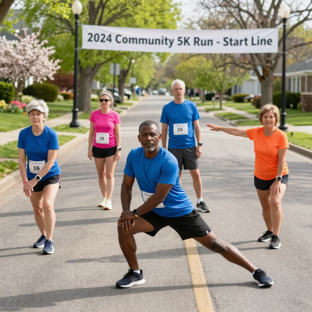 A group of runners stretching together before a 5k race.