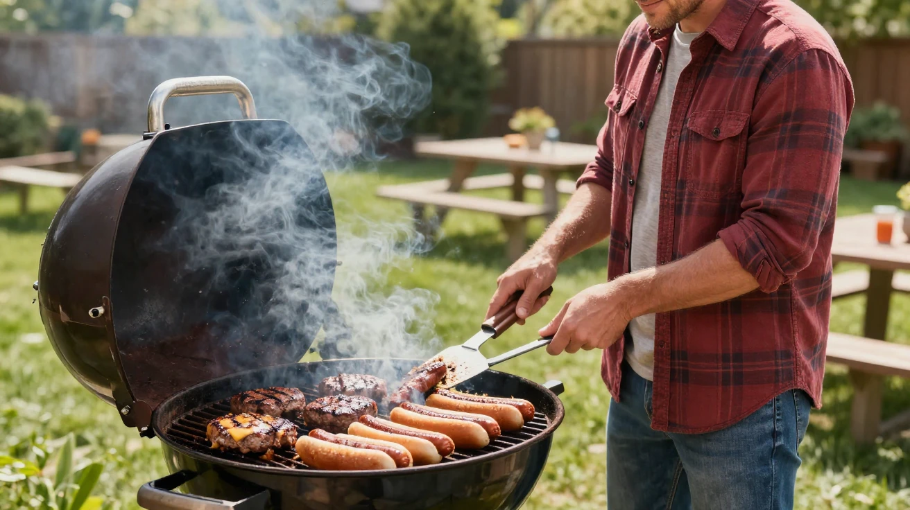 A man tending a grill full of sizzling burgers and hot dogs.