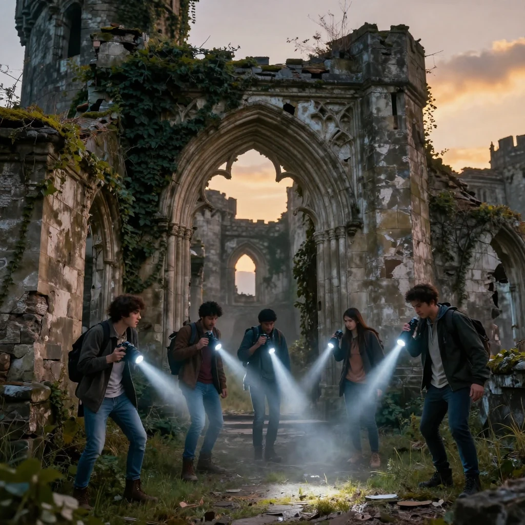 A group of friends exploring an abandoned castle ruin with flashlights.