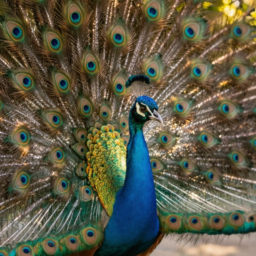 A close-up of a peacock displaying its colorful feathers.