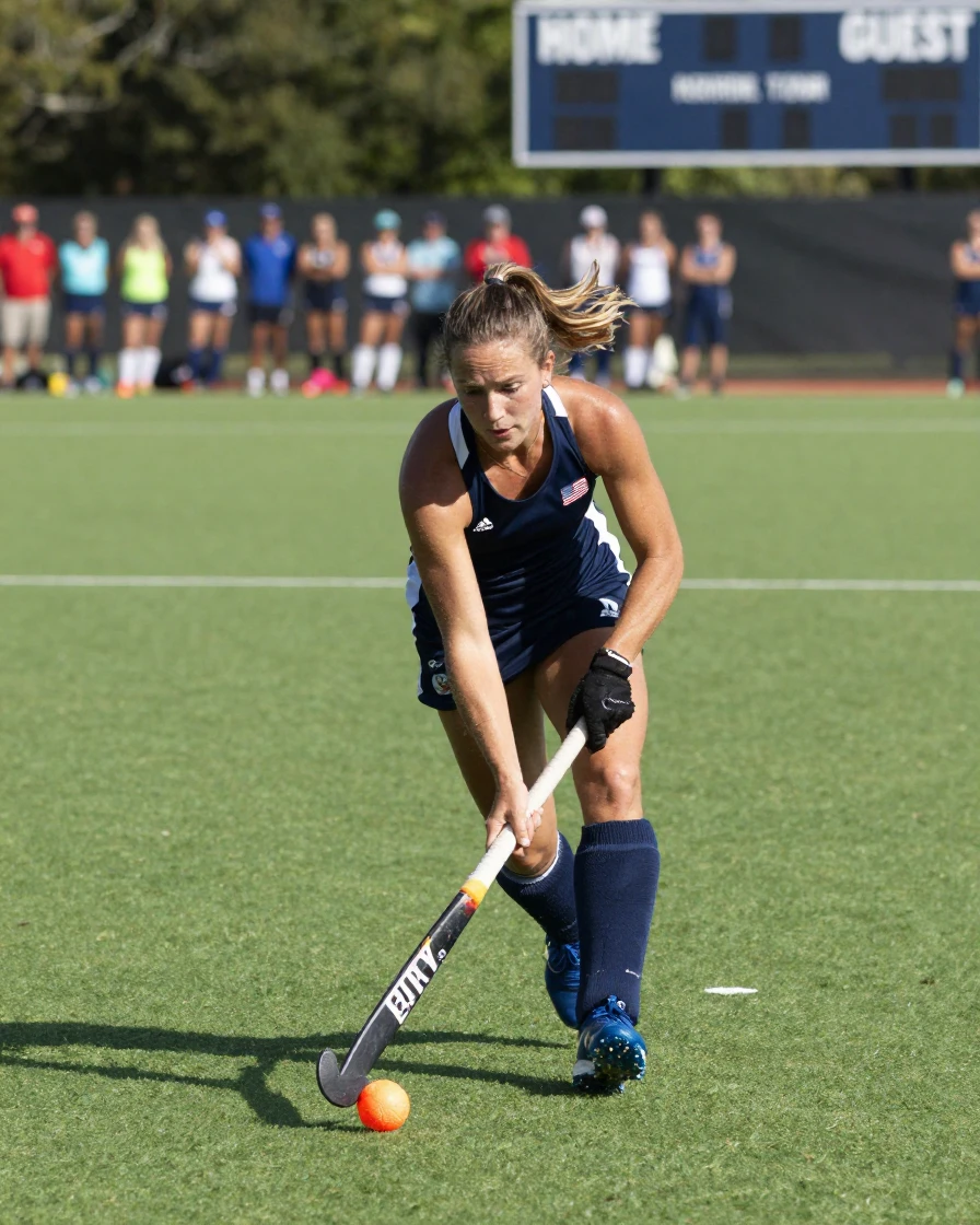 A field hockey player dribbling the ball down the field.