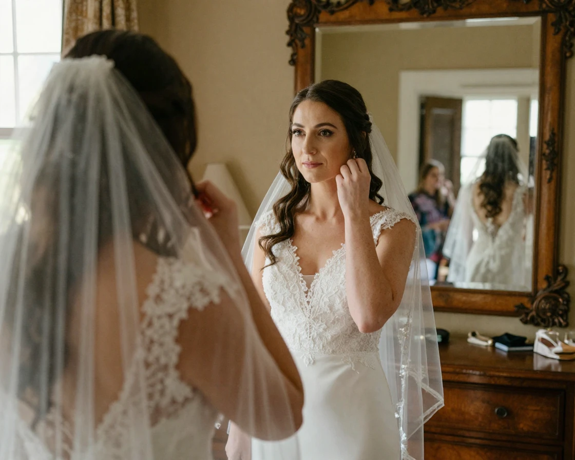 A bride adjusting her veil in the mirror before the ceremony.