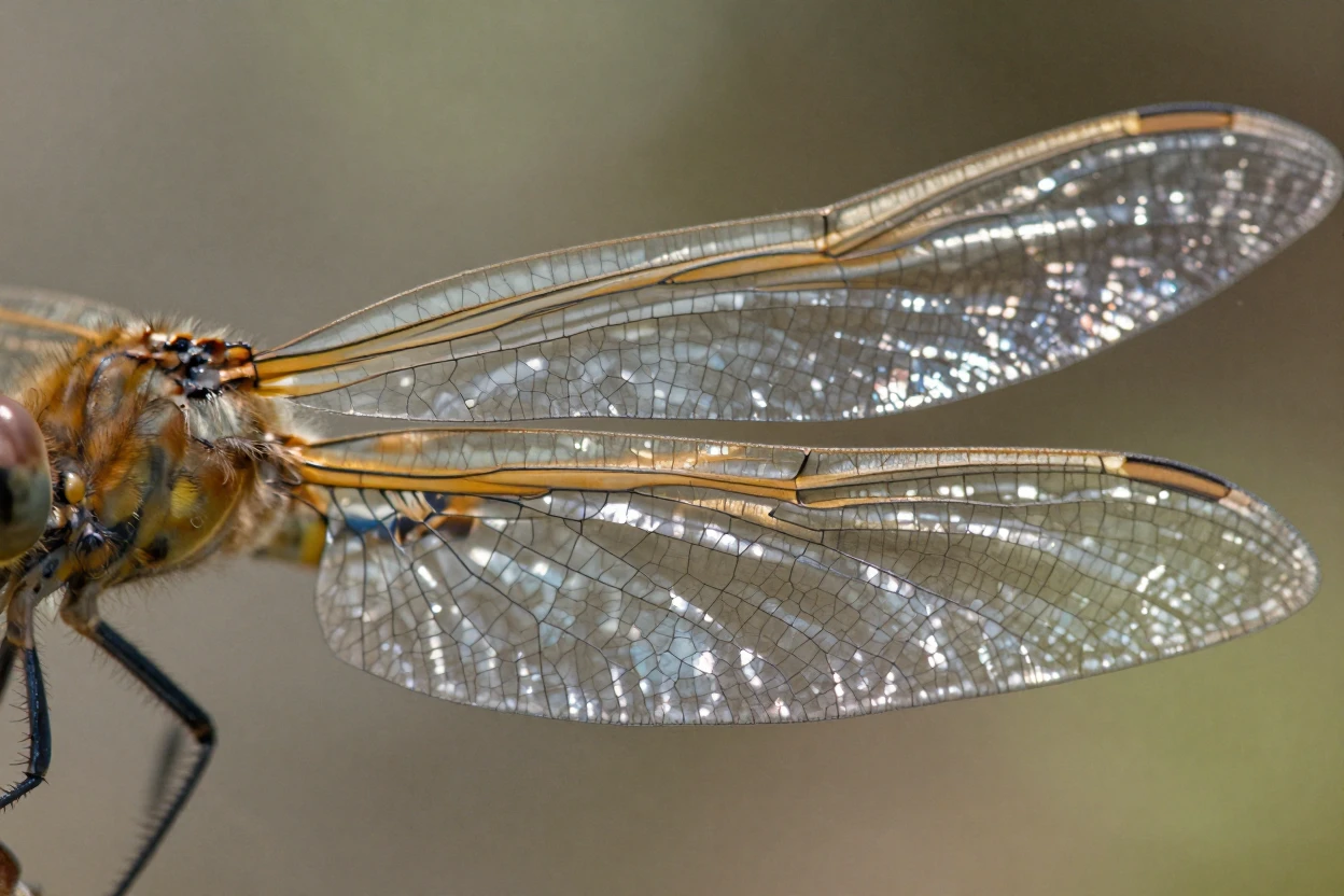 Close-up of a dragonfly wing's delicate translucent texture.