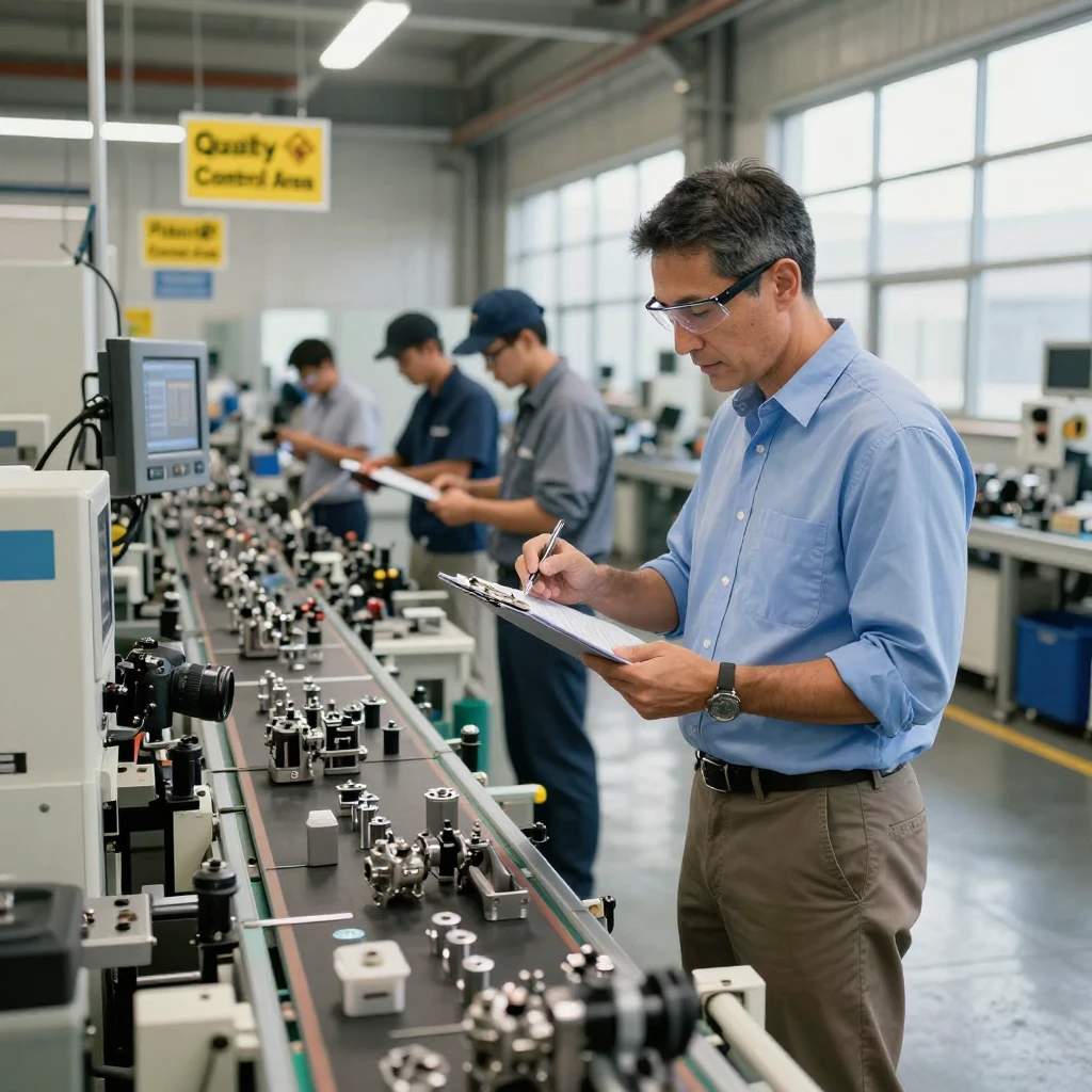 A factory supervisor inspecting quality control on an assembly line.