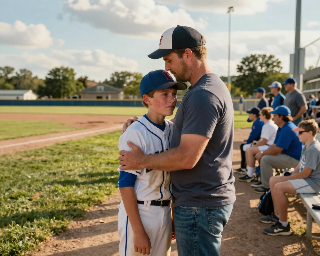 A father comforting his son after a hard loss at a little league game.