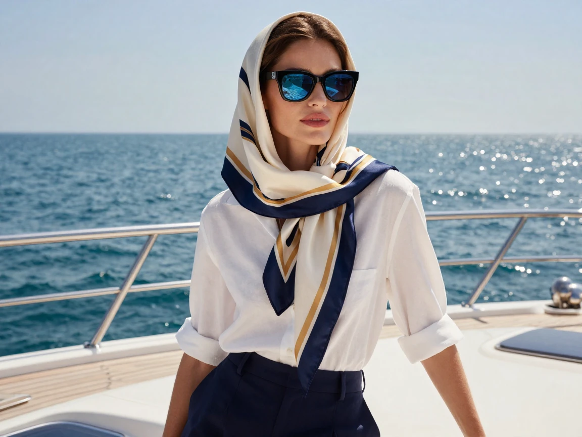 A model posing in oversized sunglasses and a silk scarf on a yacht.