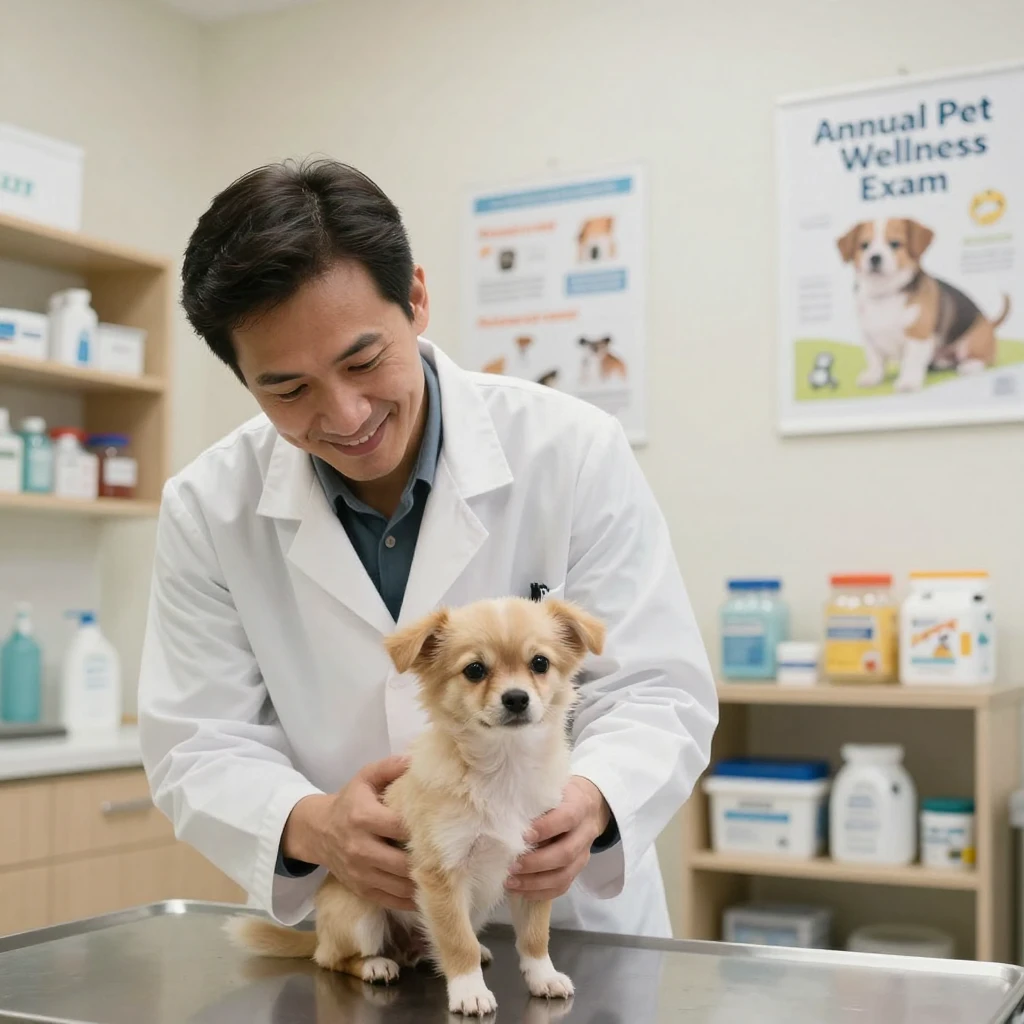 A veterinarian holding a small puppy for a wellness exam.