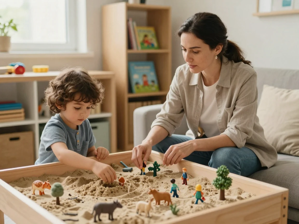 A therapist using a sand tray during a counseling session with a child.