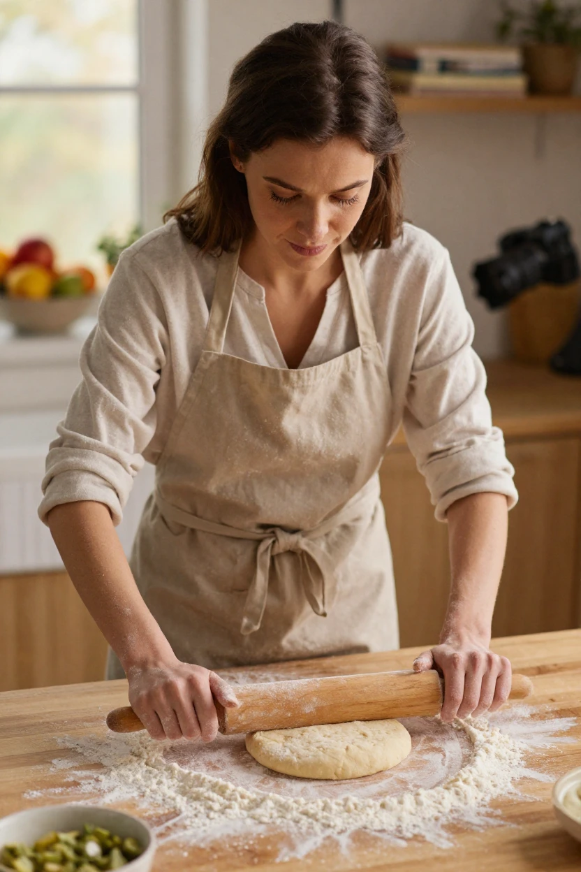 A woman rolling out pie dough on a floured countertop.