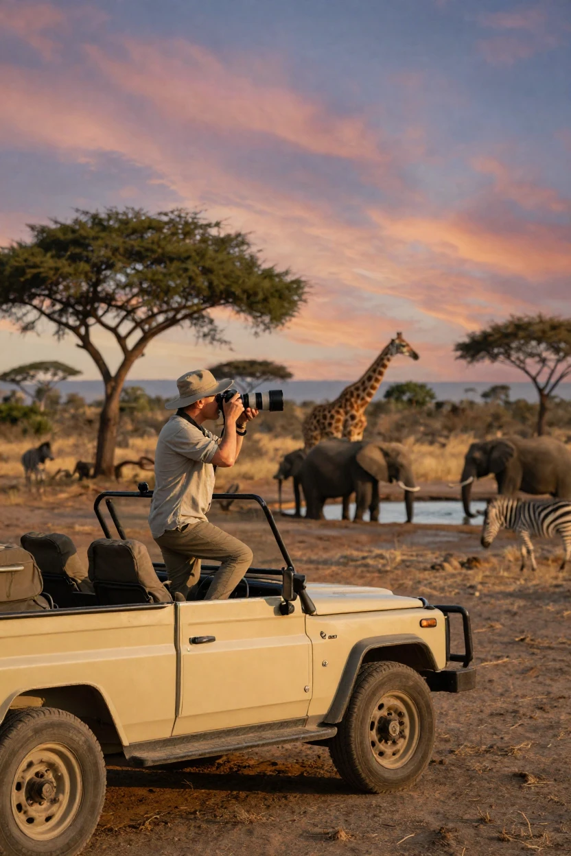 A traveler photographing wildlife on an African safari from a jeep.