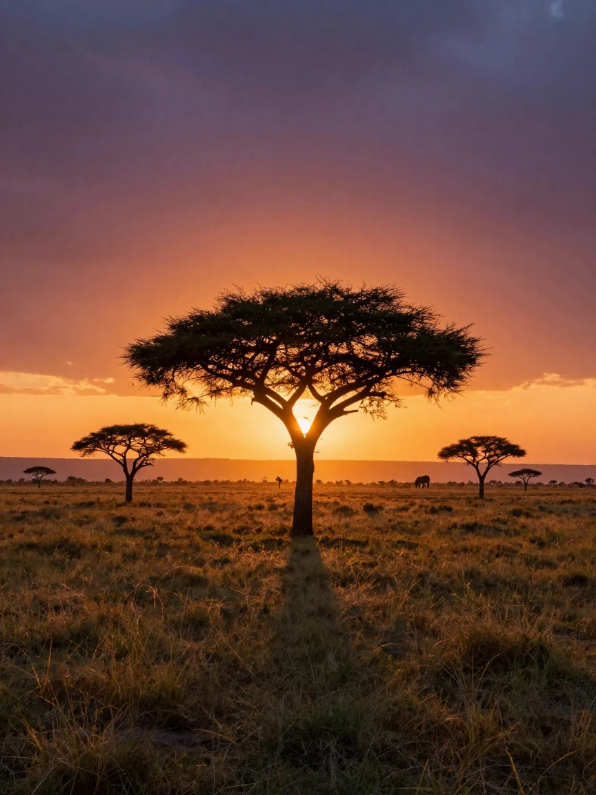 A vast open savanna with acacia trees silhouetted against the sunset.