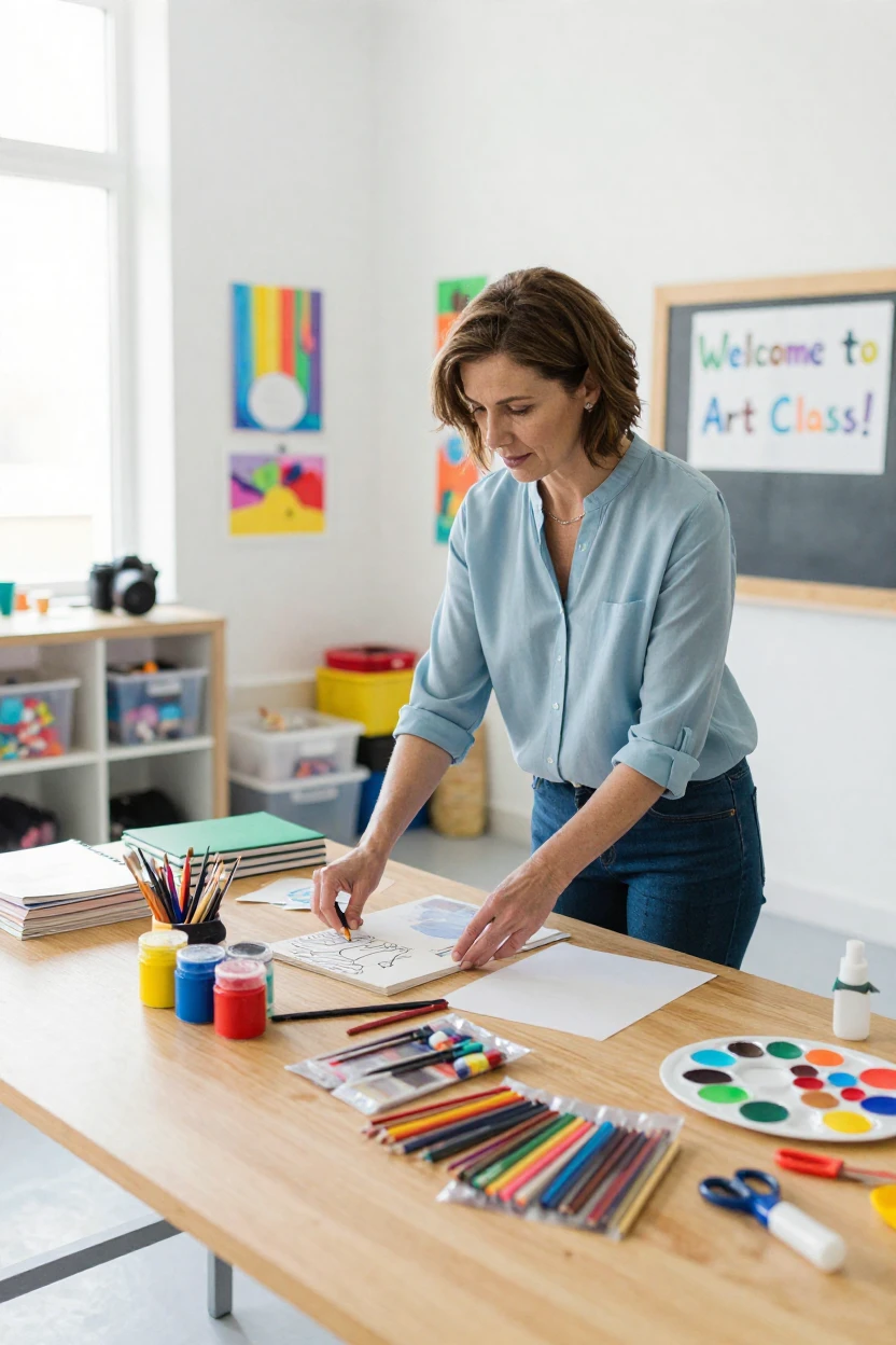 A teacher organizing supplies for an upcoming art class.
