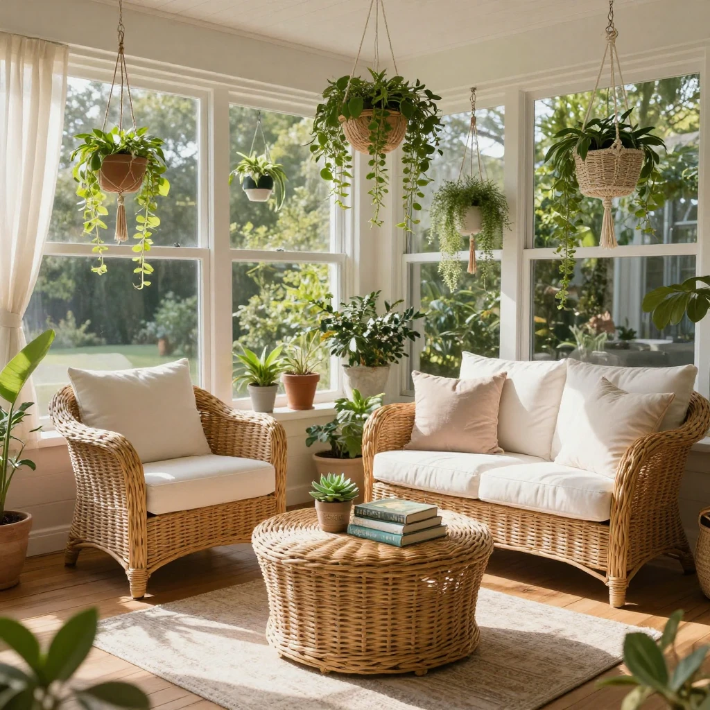 A staged sunroom with wicker furniture and hanging plants.
