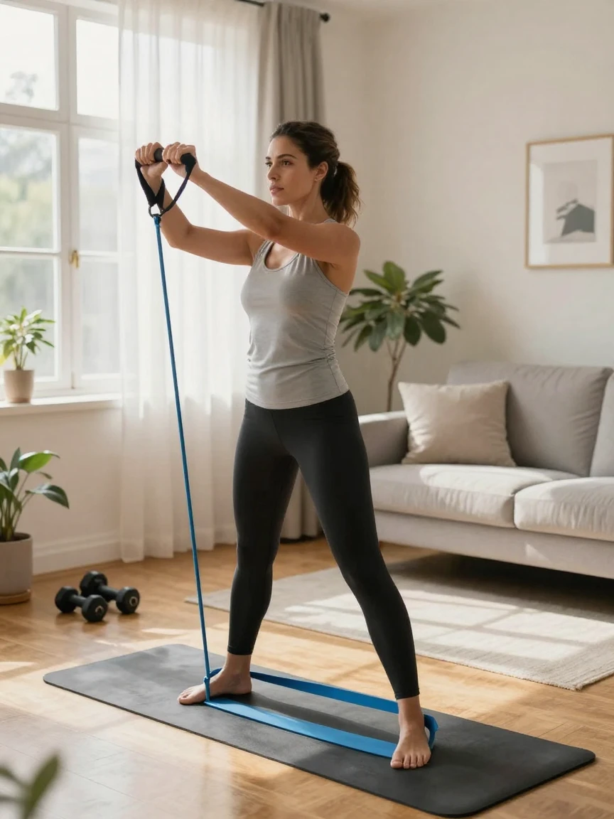 A woman doing a resistance band workout in her living room.
