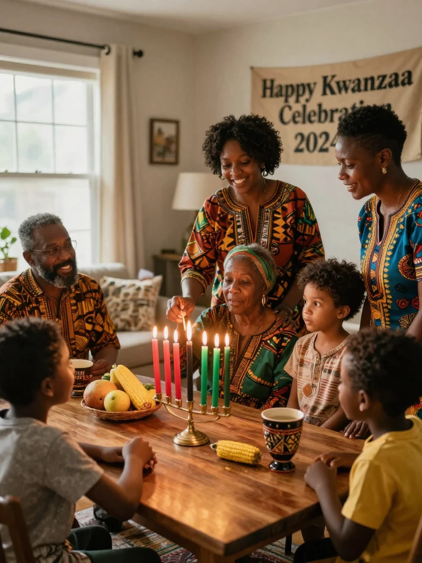 A family gathered together for a festive Kwanzaa candle-lighting ceremony.