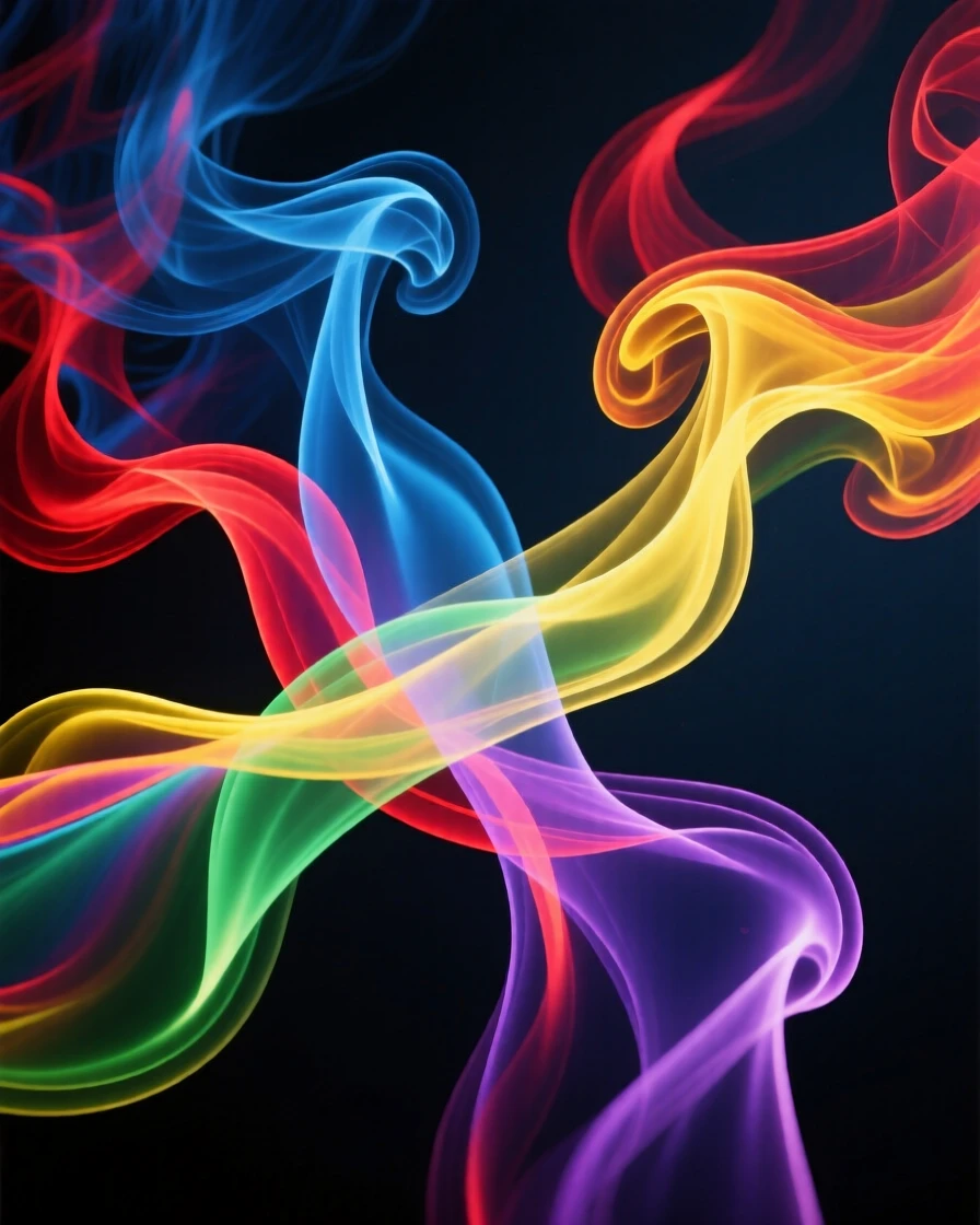 Abstract background of colorful smoke trails crossing each other.