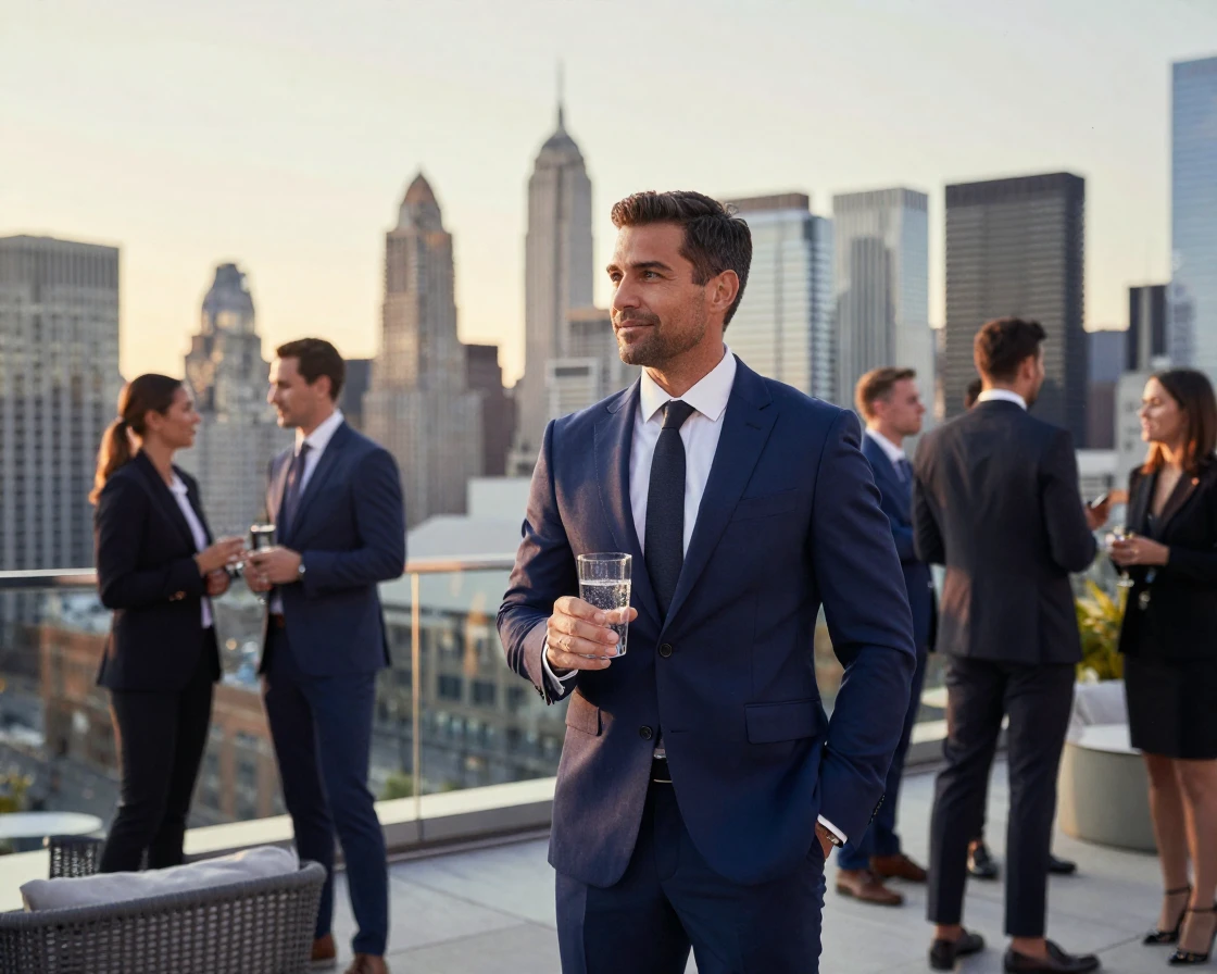 A businessman networking at a rooftop business event with the city skyline behind him.