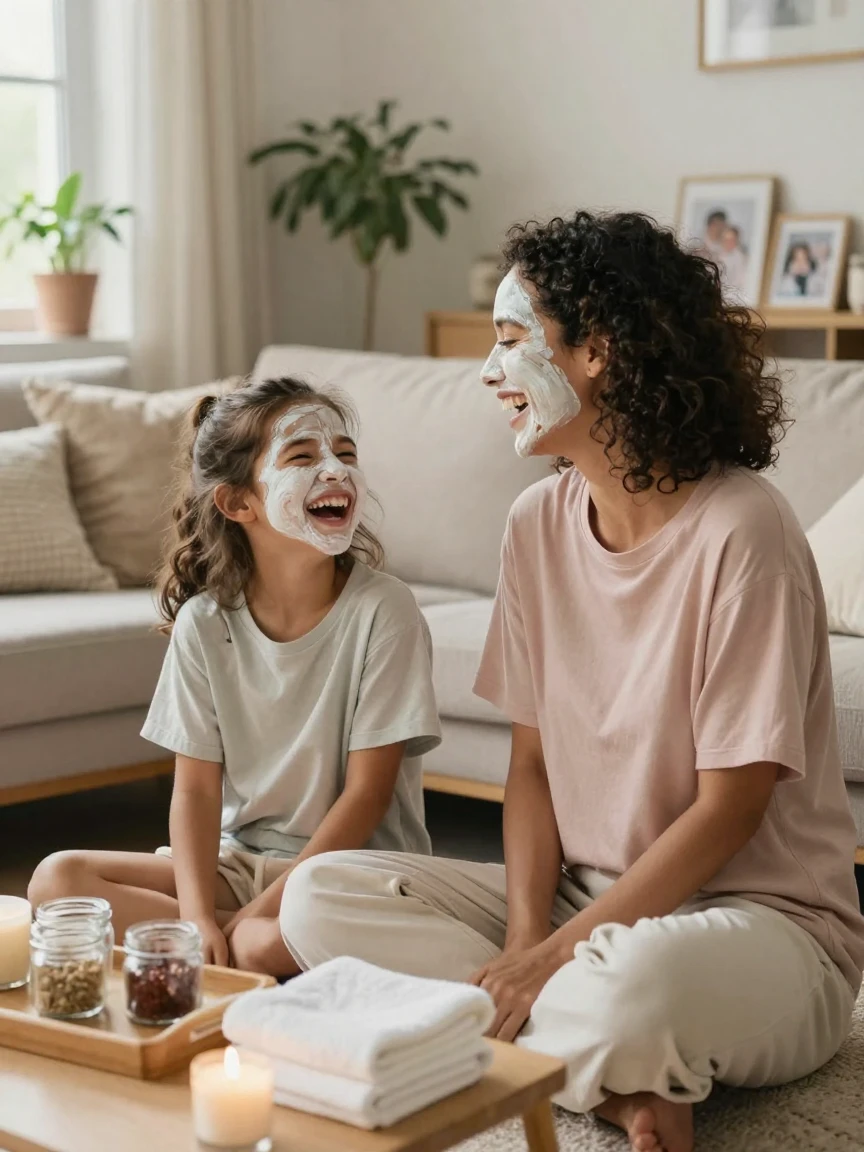 A mother and daughter having a spa day at home with face masks and giggles.