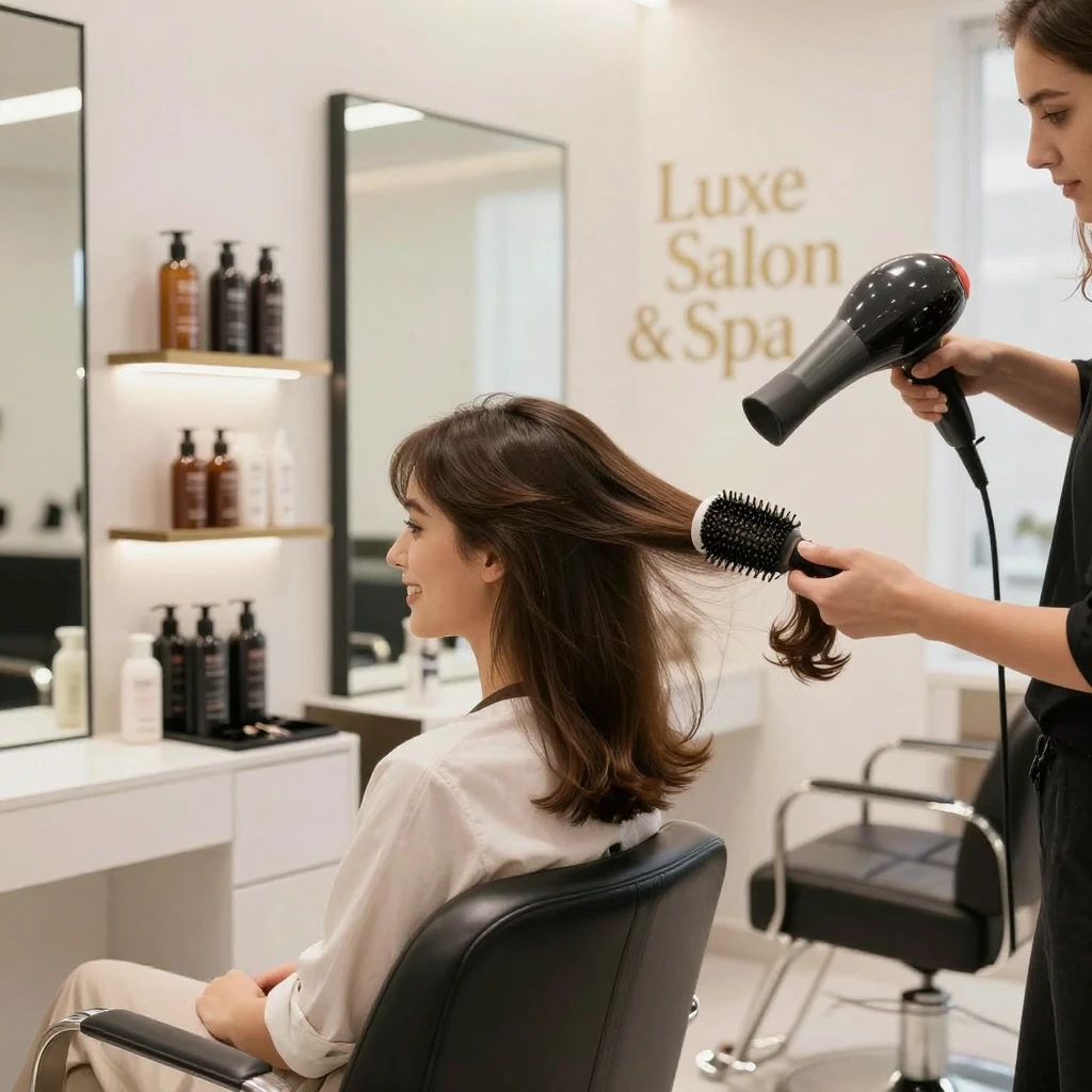 A woman getting a blowout at a salon, hair being styled with a round brush.