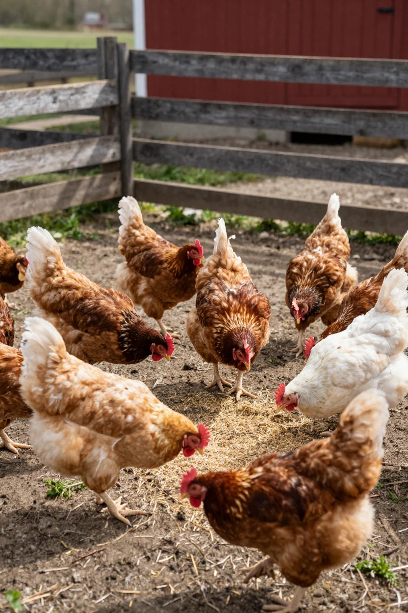 A flock of chickens pecking at feed in a farmyard.