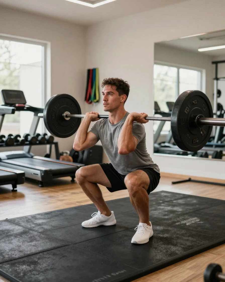 A man doing squats with a barbell in a well-equipped home gym.