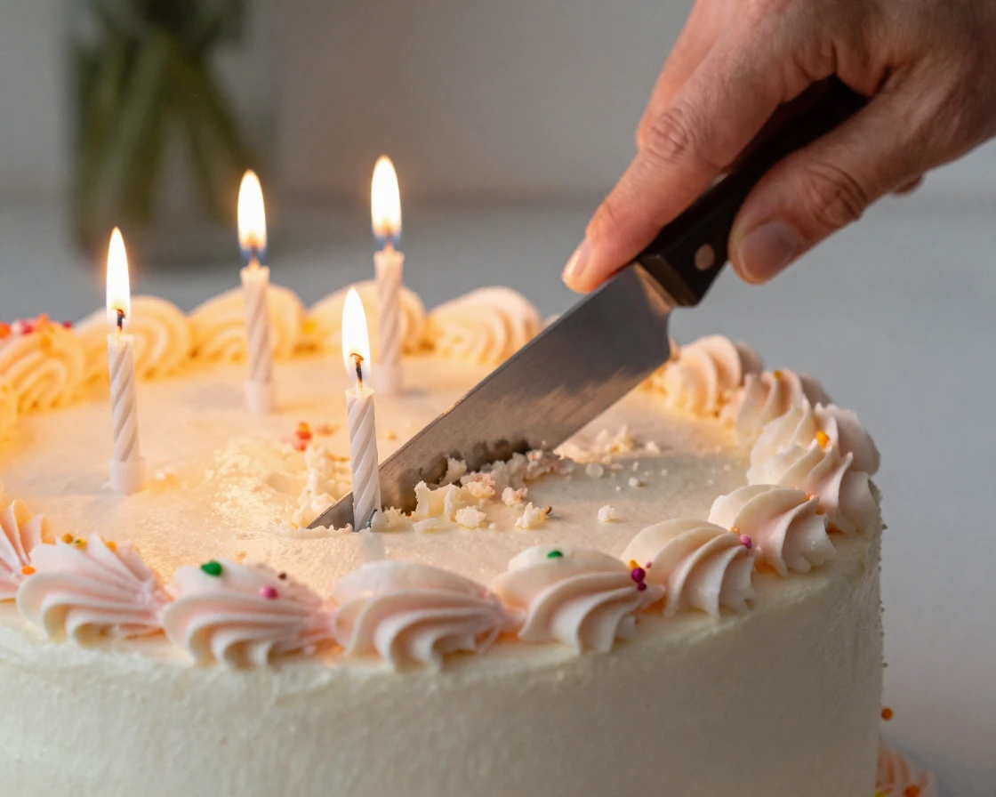 A close-up of a birthday cake being cut with candles still lit.