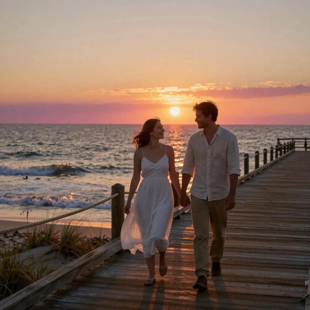 A couple walking along a pier at sunset with the ocean behind them.