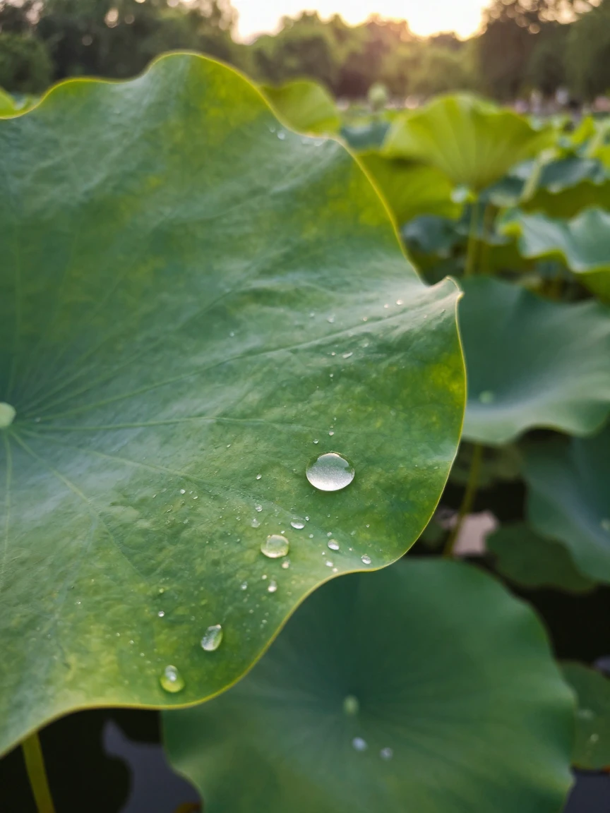A close-up of a raindrop rolling off a lotus leaf.
