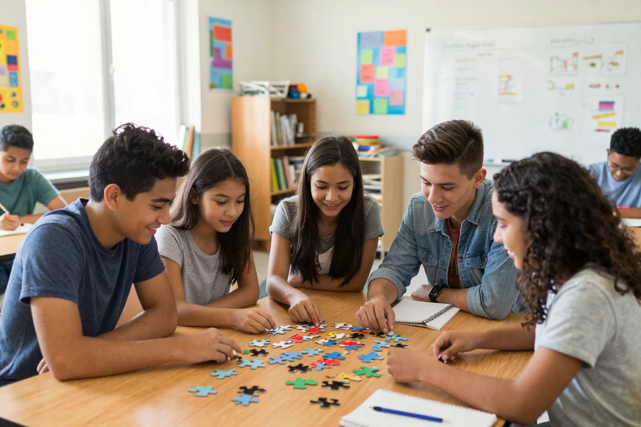 A group of students working together to solve a puzzle in class.