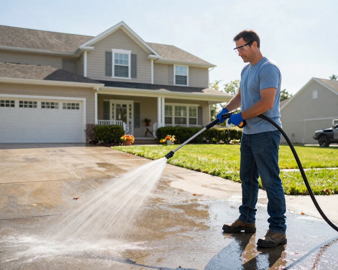 A homeowner power washing the driveway of their house.