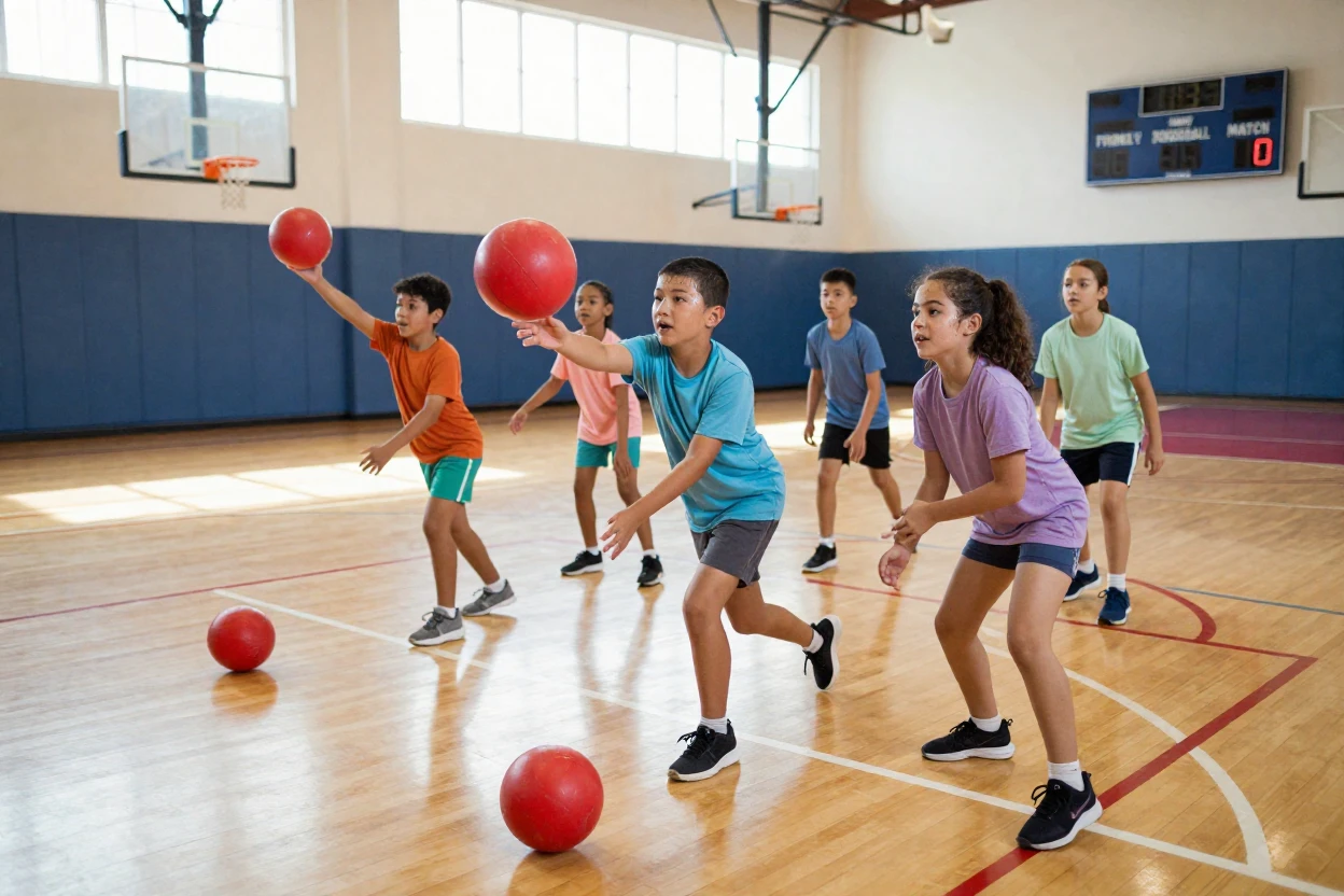 A group of kids playing a friendly game of dodgeball in a gym.