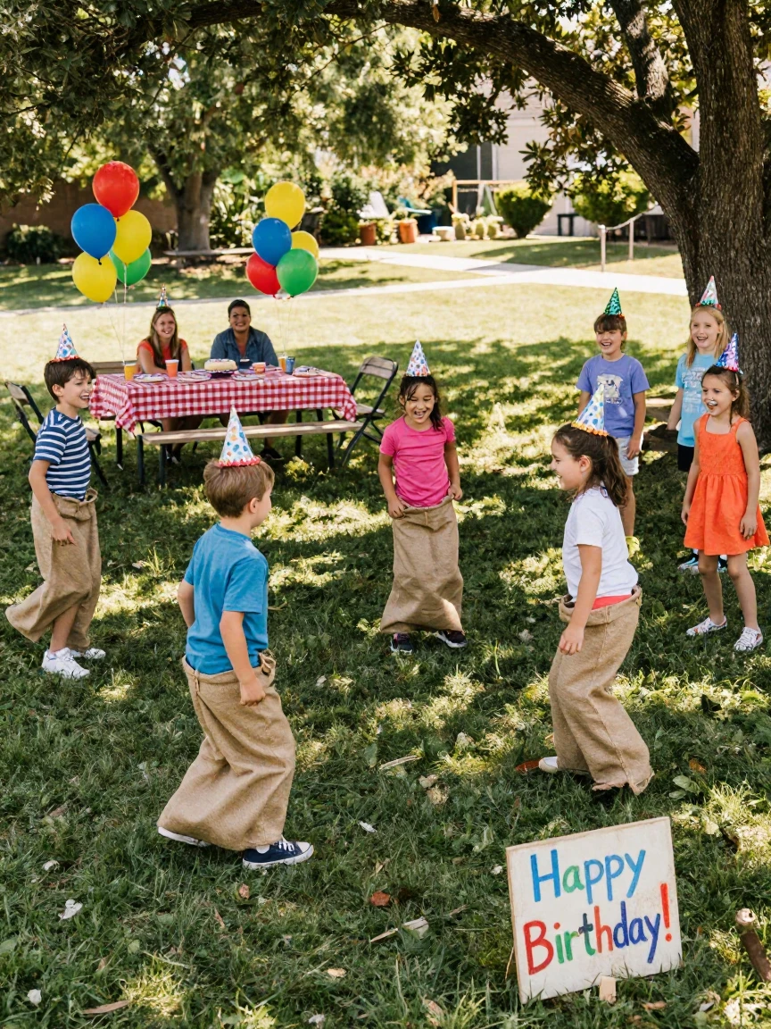 Children playing games at an outdoor birthday party with balloons.