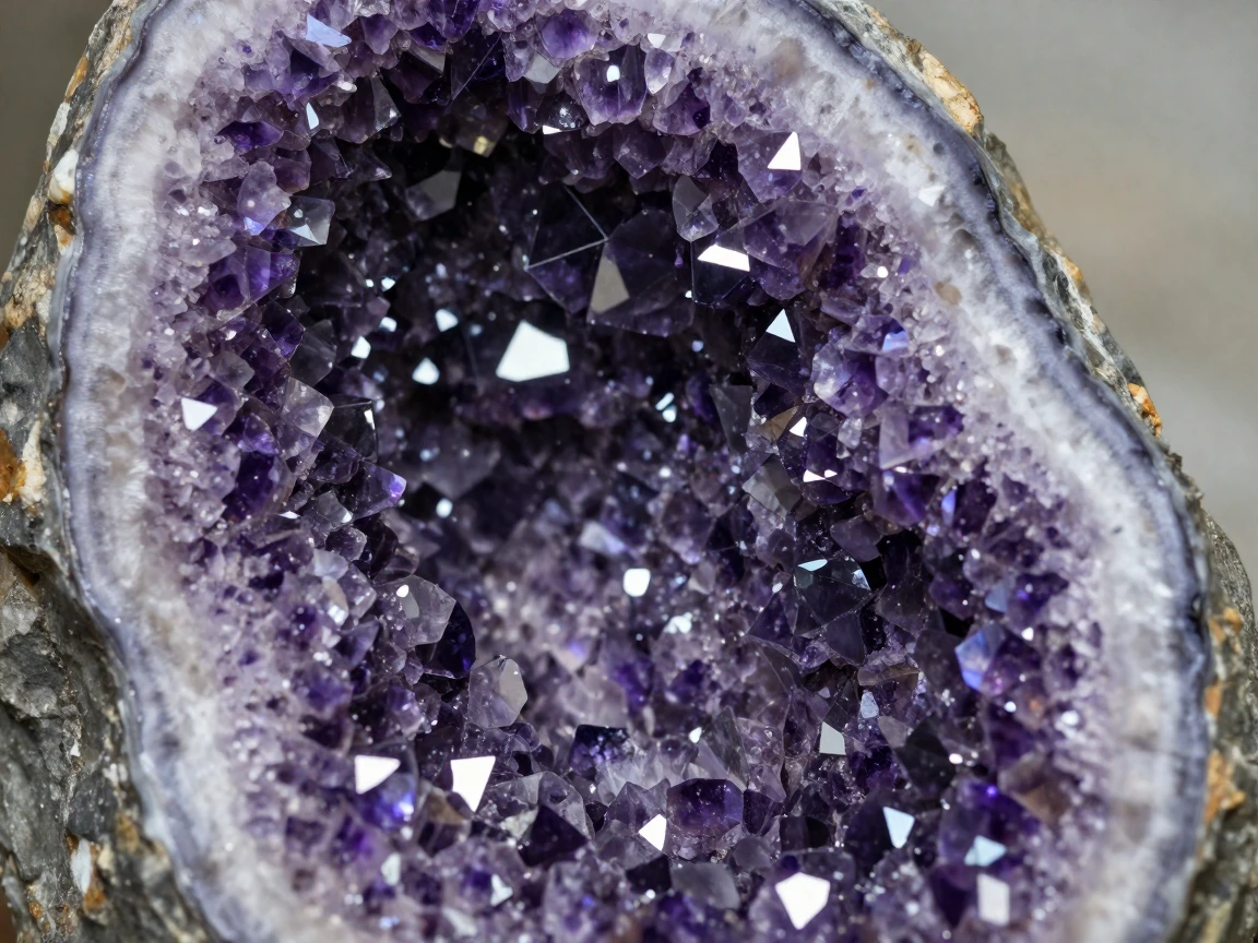 Close-up of a geode's crystalline interior in vibrant purple.