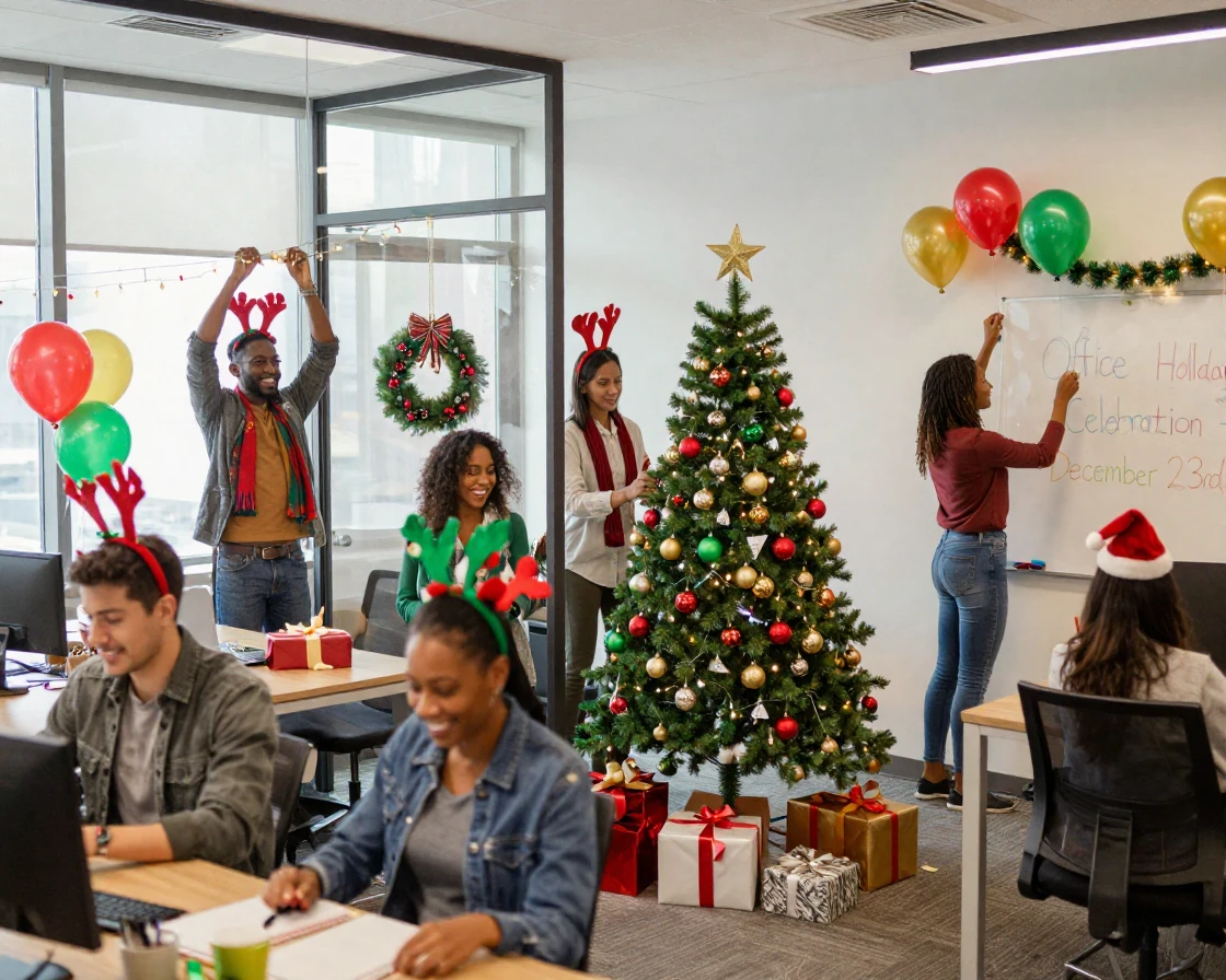A team of employees decorating the office for a holiday celebration.