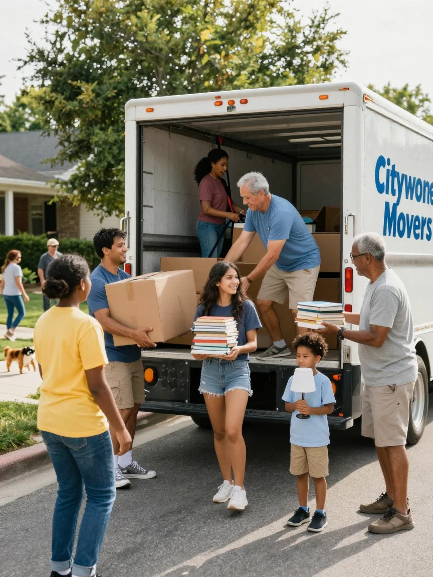 A family loading a moving truck together on a busy Saturday morning.