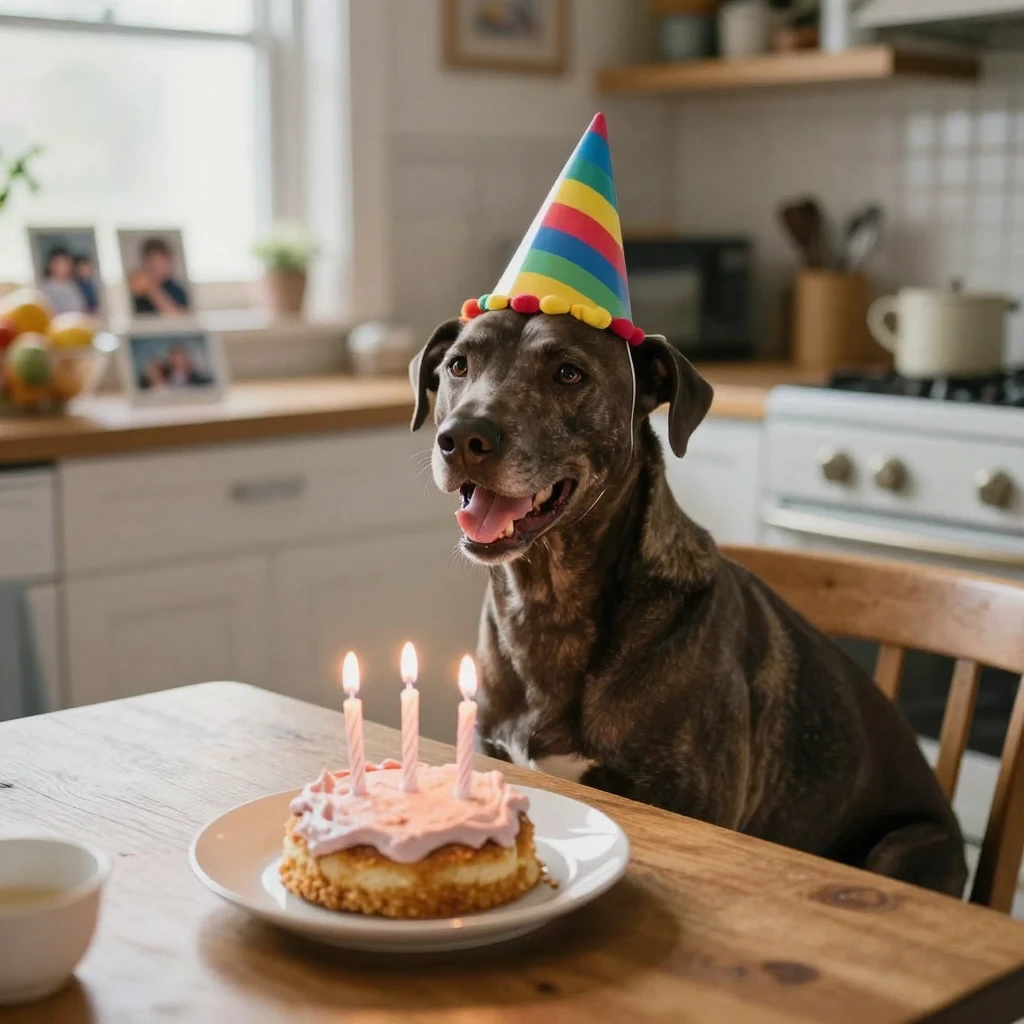 A dog wearing a birthday hat with a small cake in front of it.