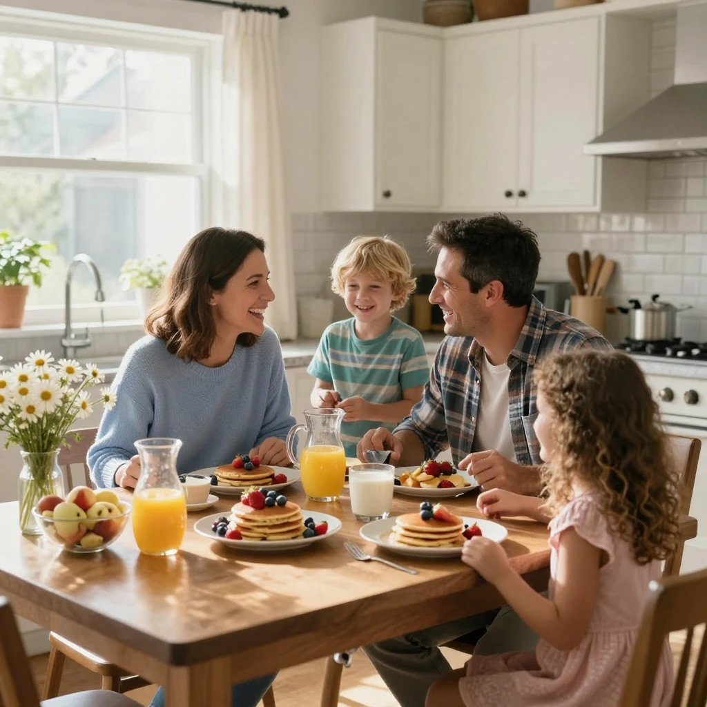 A family enjoying breakfast together at the kitchen table on a weekend morning.