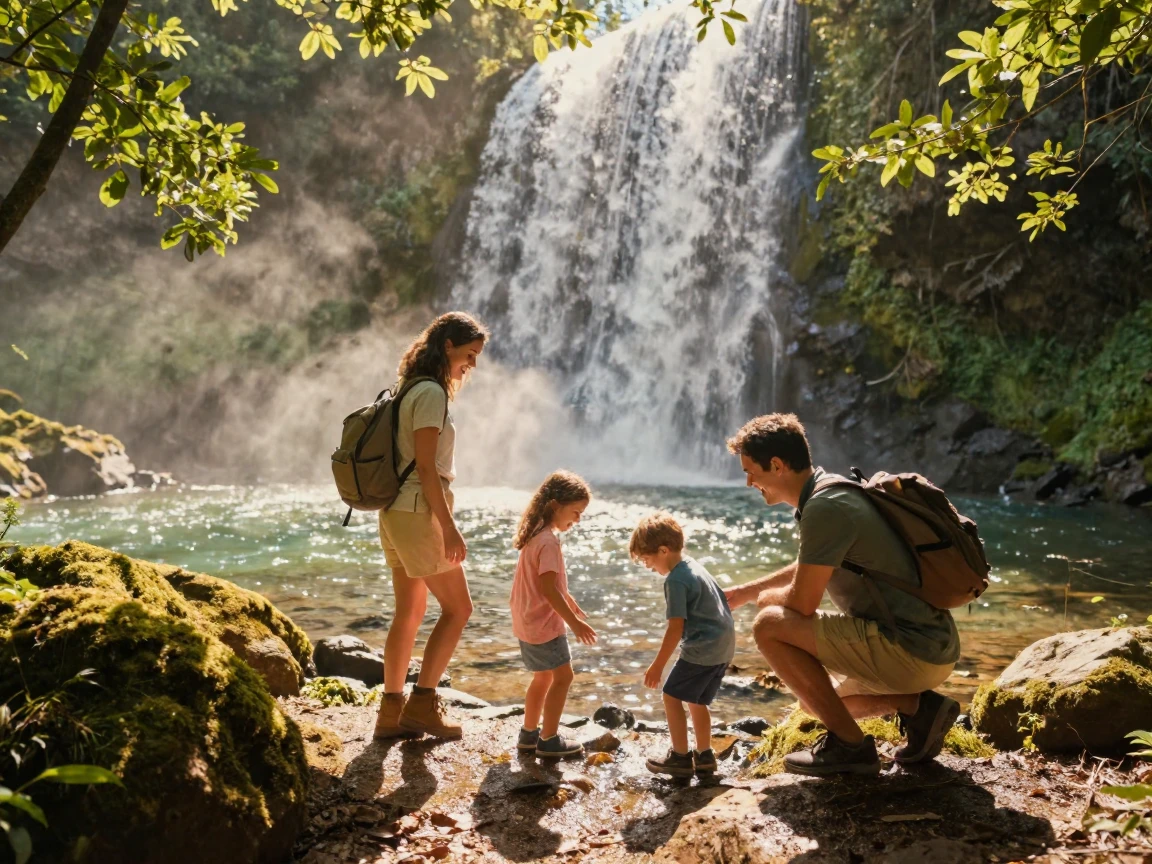 A family hiking to a waterfall and cooling off in the pool below.