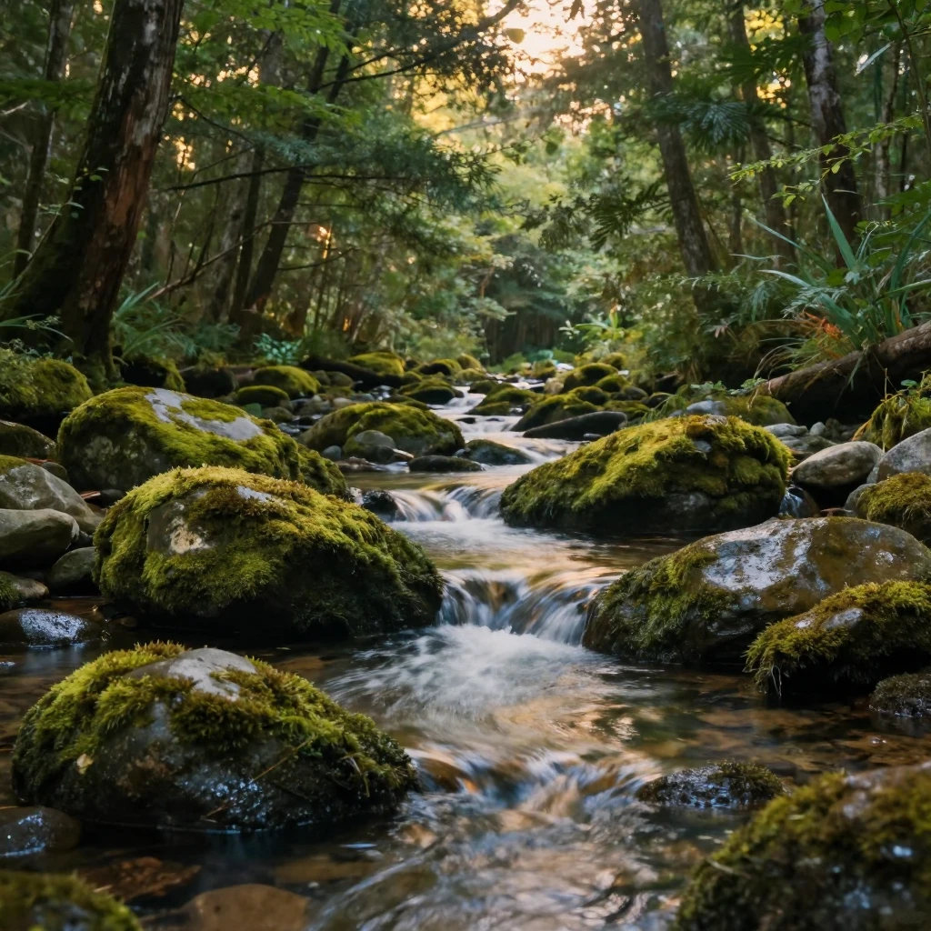 A quiet forest stream flowing over smooth, moss-covered stones.