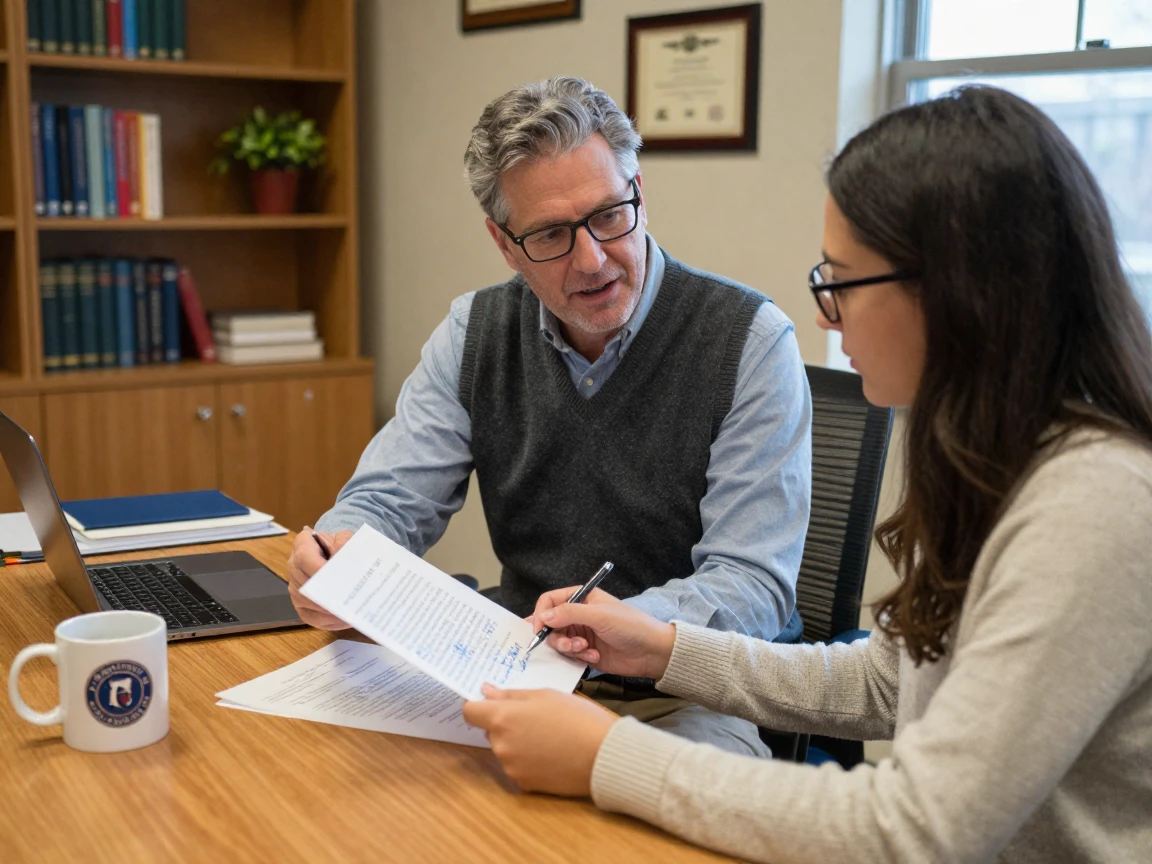 A professor holding office hours, discussing a paper with a student.