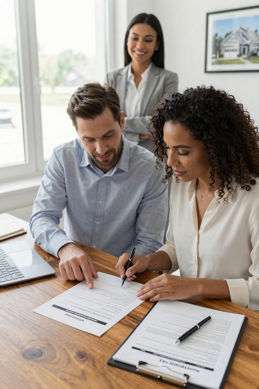 A couple reviewing a settlement statement at a real estate closing table.