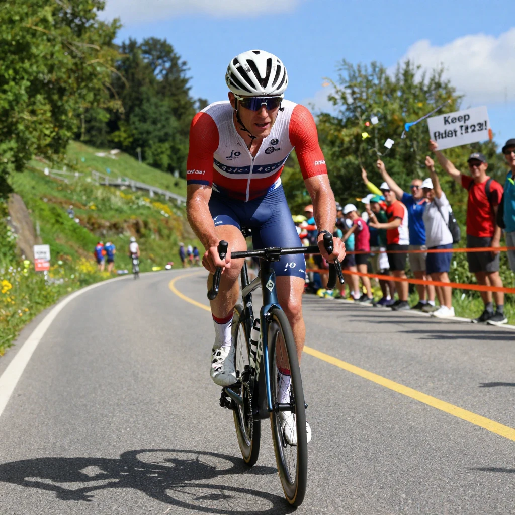A cyclist climbing a steep hill during a road race.