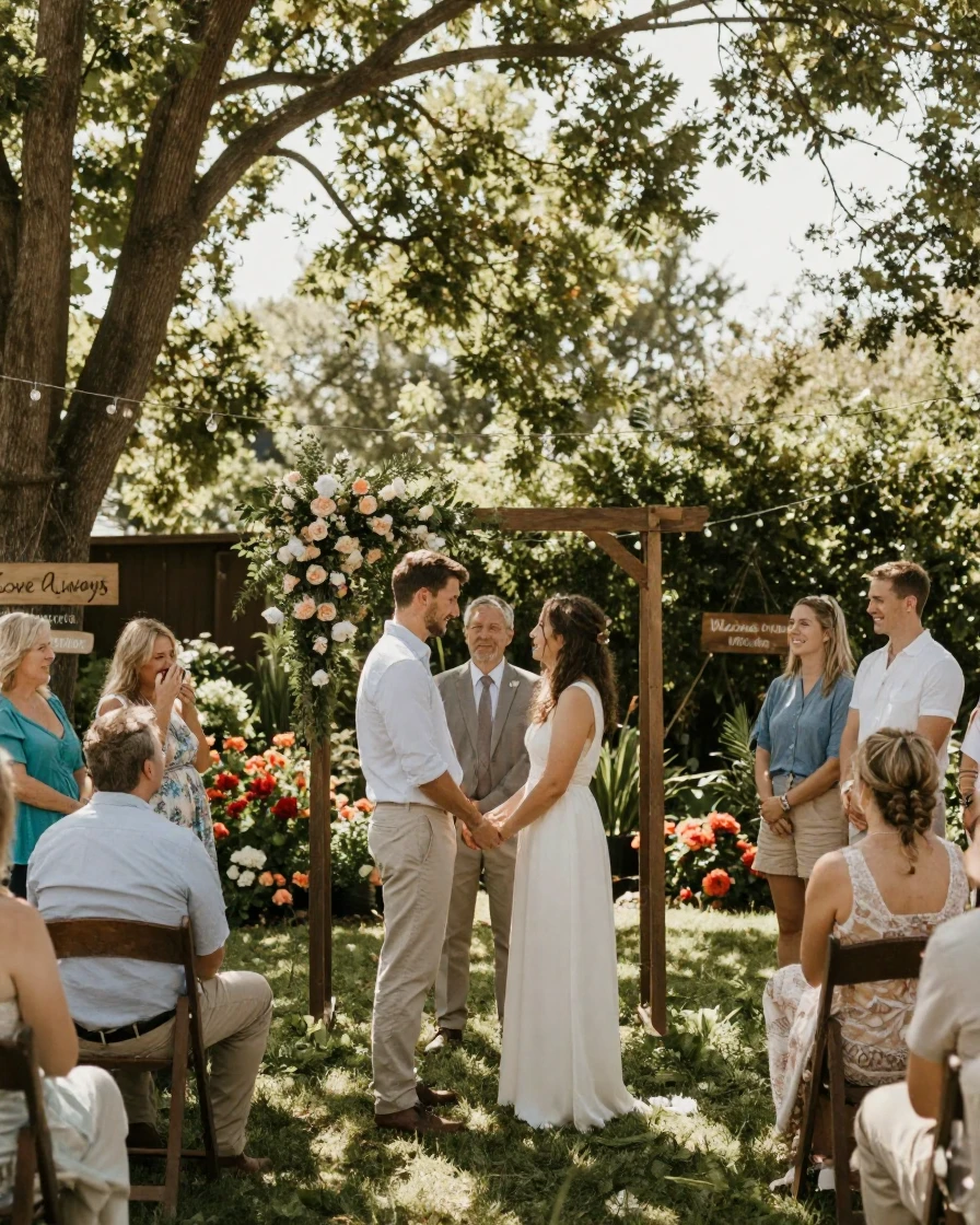 A couple exchanging vows during an intimate backyard wedding.