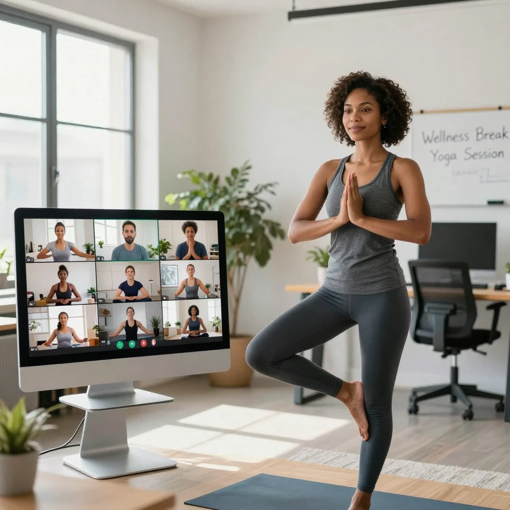 A woman running a virtual yoga session for coworkers during a wellness break.