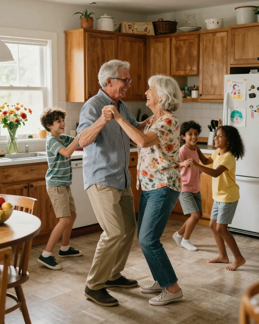 Grandparents dancing in the kitchen with their grandchildren, laughing together.