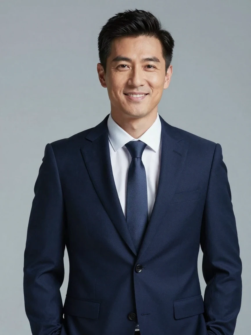 A man posing in a fitted suit for a corporate headshot session.