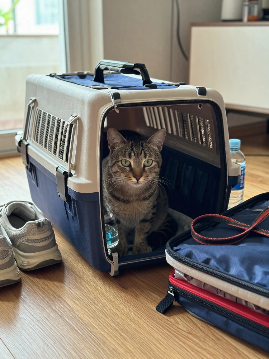 A cat sitting inside a cozy pet carrier before a trip.