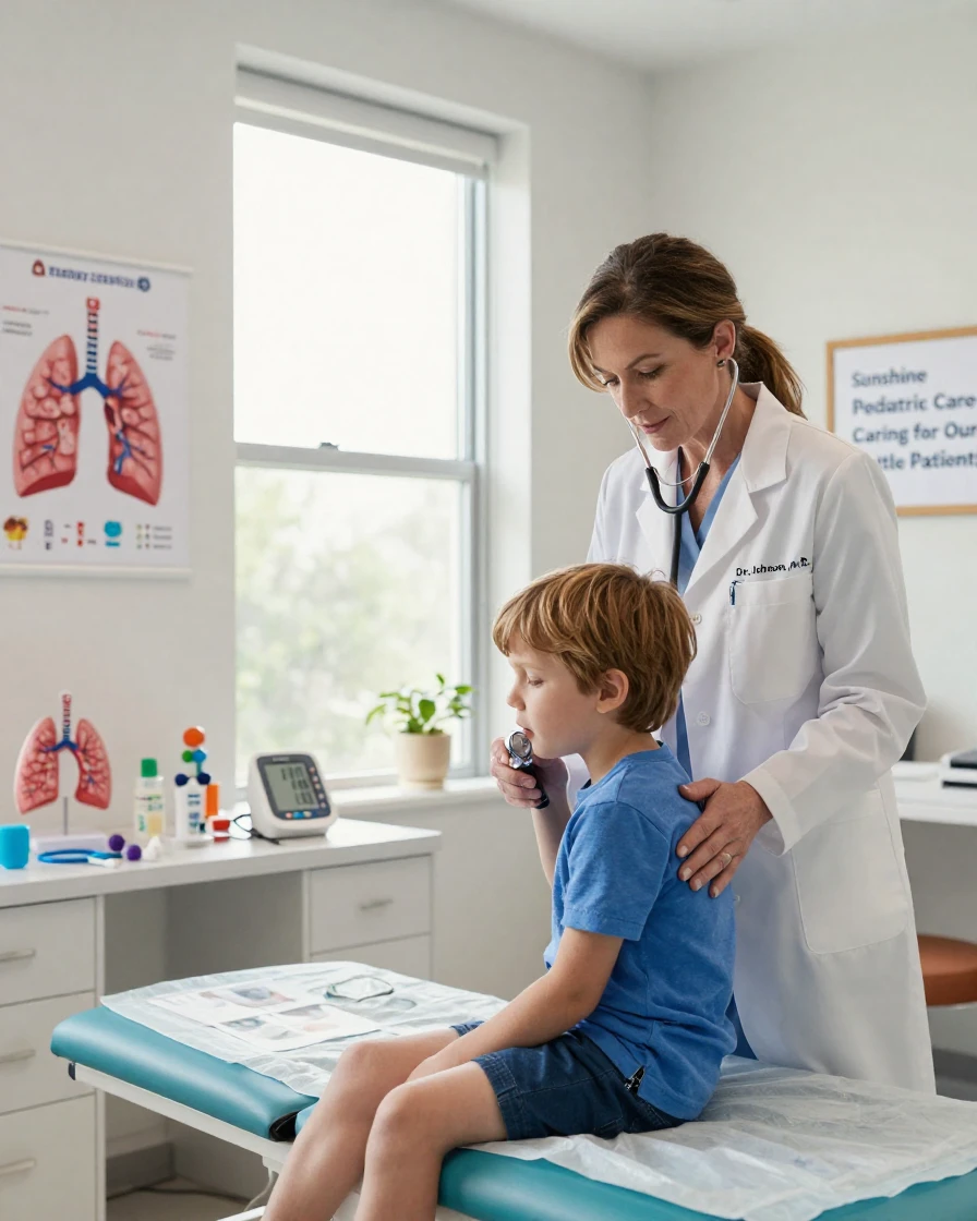 A doctor listening to a child's breathing with a stethoscope in a pediatric office.